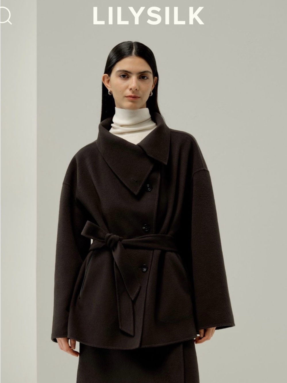 LILYSILK Dark Brown Wool Belted Cape Coat